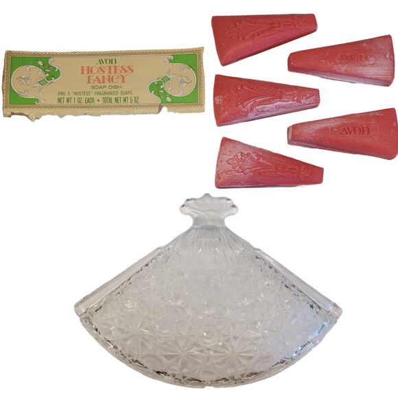 Vintage Avon Hostess Fancy Fan Soap Dish 5 Hostess Fragranced Soaps Glass Dish - Picture 9 of 11